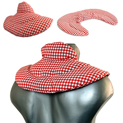 Cojín cervical térmico con cuello. rojo-blanco. Almohada térmica cervical con semillas de grosella. Saco caliente y frio con semillas. Cojín de nuca