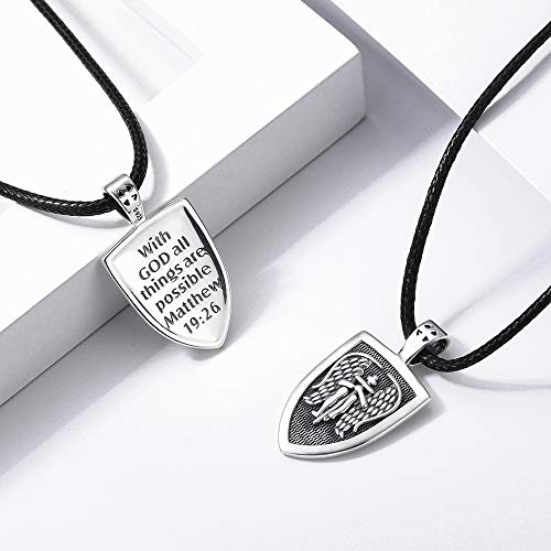 Collar Ángel de la Guardián para Hombre, Plata de ley 925 Medalla de Arcángel San Miguel Amuleto Colgante Ángel Cruz Collar Joyas Regalos con cuerda de cuero Cadena de 22"