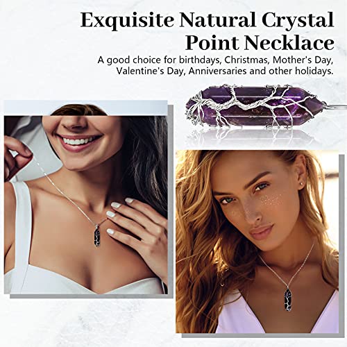 Collar de Cristal Curativo de Energía Collar con Colgante de Cuarzo Hexagonal Puntiagudo de Vida de Árbol Collar de Piedras de Cristal Natural Envuelto de Alambre con Cadena Plata (Púrpura)