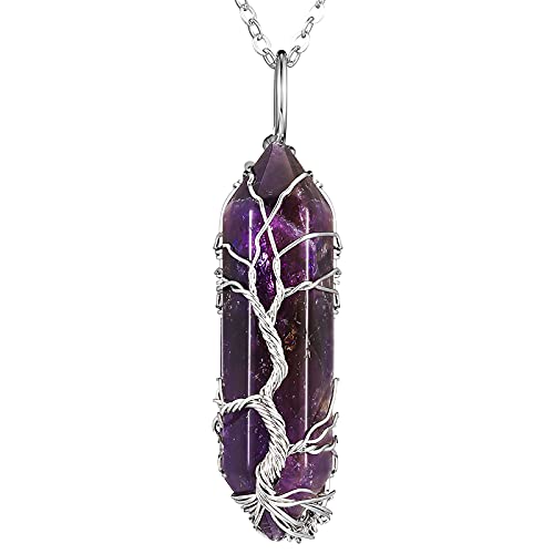 Collar de Cristal Curativo de Energía Collar con Colgante de Cuarzo Hexagonal Puntiagudo de Vida de Árbol Collar de Piedras de Cristal Natural Envuelto de Alambre con Cadena Plata (Púrpura)
