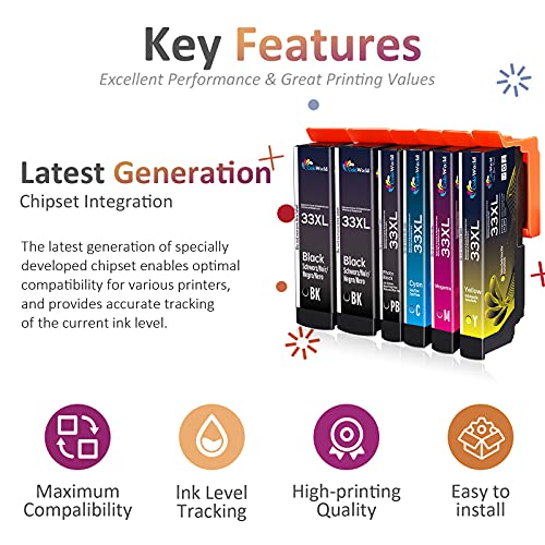 ColoWorld 33 XL Cartucho de Tinta para epson 33 XL 33XL Negro FotoNegro Cian Magenta Amarillo Compatible con epson Expression Premium XP-530 XP-630 XP-830 XP-635 XP-540 XP-640 XP-645 Impresora 6-Packs