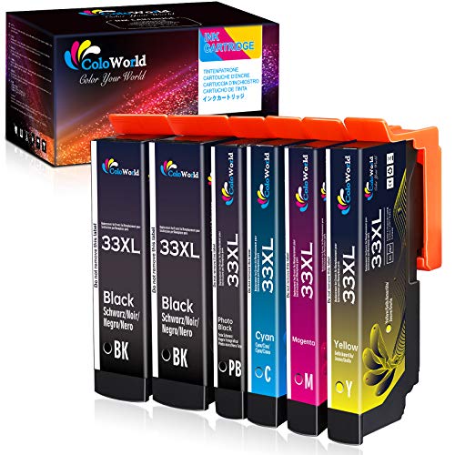 ColoWorld 33 XL Cartucho de Tinta para epson 33 XL 33XL Negro FotoNegro Cian Magenta Amarillo Compatible con epson Expression Premium XP-530 XP-630 XP-830 XP-635 XP-540 XP-640 XP-645 Impresora 6-Packs