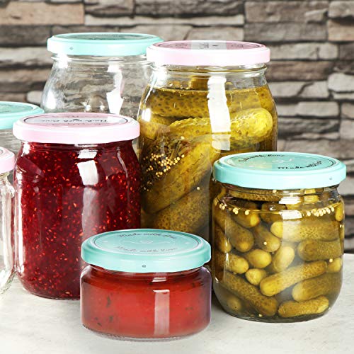 com-four® 12x Tarros de Cristal para Conservas con Tapa de Rosca"Made with love" en Verde y Rosa - TO Ø 82 mm - aprox. 200 ml