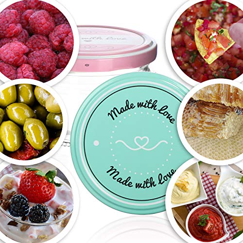 com-four® 12x Tarros de Cristal para Conservas con Tapa de Rosca"Made with love" en Verde y Rosa - TO Ø 82 mm - aprox. 200 ml