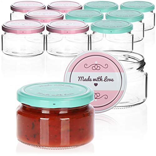 com-four® 12x Tarros de Cristal para Conservas con Tapa de Rosca"Made with love" en Verde y Rosa - TO Ø 82 mm - aprox. 200 ml