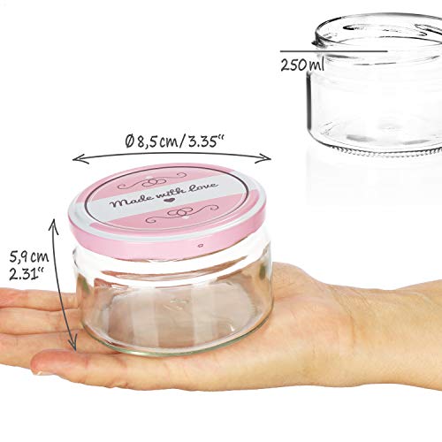com-four® 12x Tarros de Cristal para Conservas con Tapa de Rosca"Made with love" en Verde y Rosa - TO Ø 82 mm - aprox. 200 ml