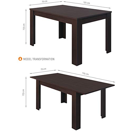 COMIFORT – Mesa De Comedor Extensible Moderna de 120 a 170 cm, Medidas 120/170x75x78 cm, Disponible en Colores: Blanca, Blanco/Roble, Roble, Wengué, Nordic (WENGUE)