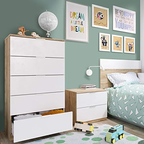 Comoda 5 Cajones, Sinfonier, Modelo Alaya, Acabado en Color Roble Canadian y Blanco Artik, Medidas: 60 cm (Ancho) x 110 cm (Alto) x 40 cm (Fondo)