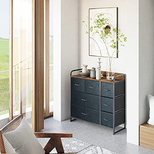 Cómoda con 7 Cajoneras de Tela y Gamuza Armario Almacenaje Mueble Organizador Vintage Aparadores Gabinete de Almacenamiento para Dormitorio Cocina Entrada Recibidor Salon Gris + Negra Acero + Madera