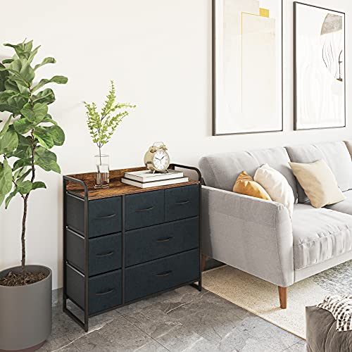 Cómoda con 7 Cajoneras de Tela y Gamuza Armario Almacenaje Mueble Organizador Vintage Aparadores Gabinete de Almacenamiento para Dormitorio Cocina Entrada Recibidor Salon Gris + Negra Acero + Madera
