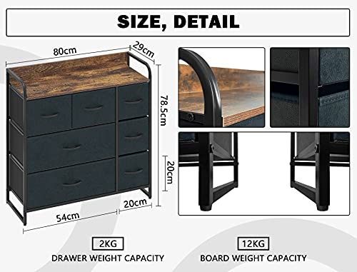 Cómoda con 7 Cajoneras de Tela y Gamuza Armario Almacenaje Mueble Organizador Vintage Aparadores Gabinete de Almacenamiento para Dormitorio Cocina Entrada Recibidor Salon Gris + Negra Acero + Madera