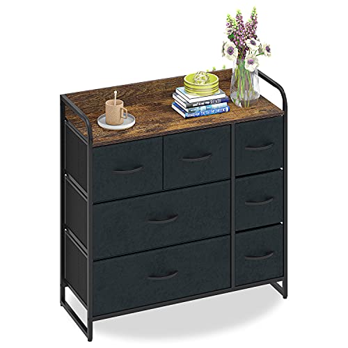 Cómoda con 7 Cajoneras de Tela y Gamuza Armario Almacenaje Mueble Organizador Vintage Aparadores Gabinete de Almacenamiento para Dormitorio Cocina Entrada Recibidor Salon Gris + Negra Acero + Madera