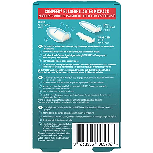 Compeed Tiritas para ampollas mixtas, varios tamaños, contra ampollas en talones, dedos de los pies y para pequeñas ampollas, 6 unidades