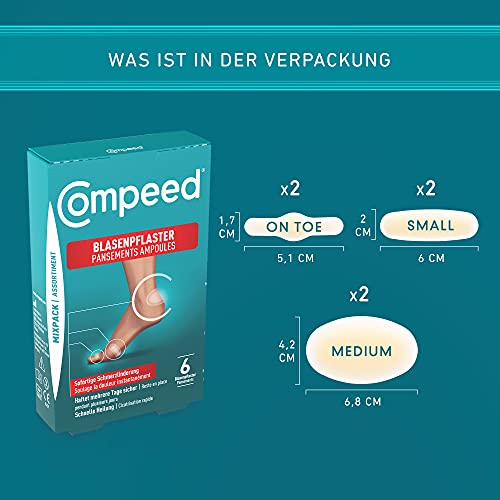 Compeed Tiritas para ampollas mixtas, varios tamaños, contra ampollas en talones, dedos de los pies y para pequeñas ampollas, 6 unidades