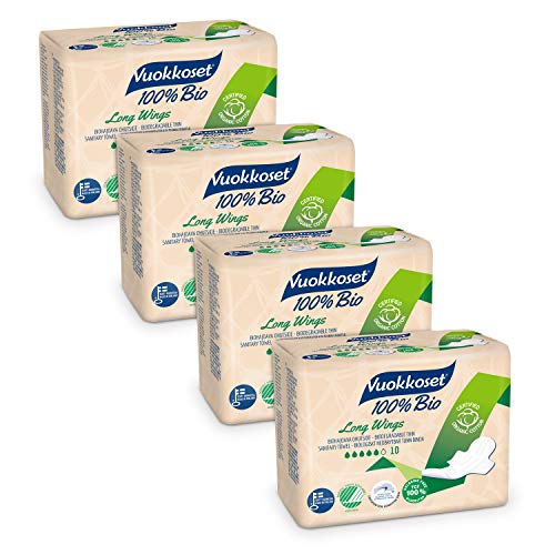 Compresas Maxi Vuokkoset 100% ecológicas, Biodegradables, Algodón orgánico - Multipack de 4x10 unidades