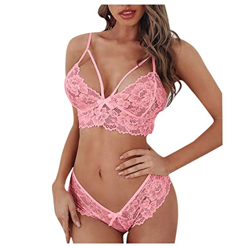 Conjunto de Lencería Sexy Mujer Babydoll de Barato 2 Piezas de Corsé Encaje Floral Bralette Sujetador y Tanga Bragas Ropa Interior Moda Vestido de Tirantes Copa de Encaje Ropa de Dormir Talla Grande
