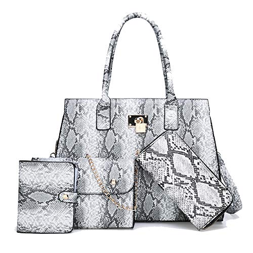 Coolives Conjunto de Bolsos de Mano con 4 Piezas per Mujer Patrón de Piel de Serpiente Bolso de Hombro Bolso de Bandolera Cultch Billetera Tarjetero Gris