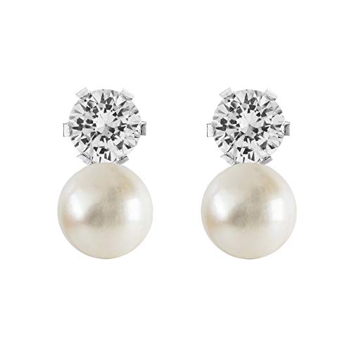 Córdoba Jewels |Pendientes en plata de ley 925 con perla de 7 mm y circonita de 5 mm. Diseño Tú y Yo Zirconita 5mm y Perla 7mm