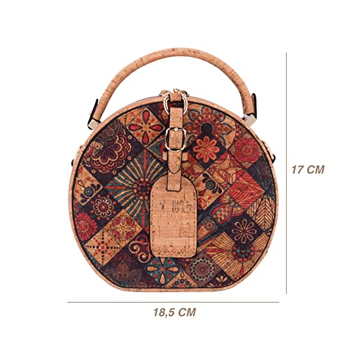 CORKCHO Bolso De Hombro Mujer Corcho, Bolso Corcho Redondo, 18x8x17cm, Ecológico, Bolso Mujer, De Corcho, para Tarjetas, Dinero, Billetes, Monedas, Diseño 4
