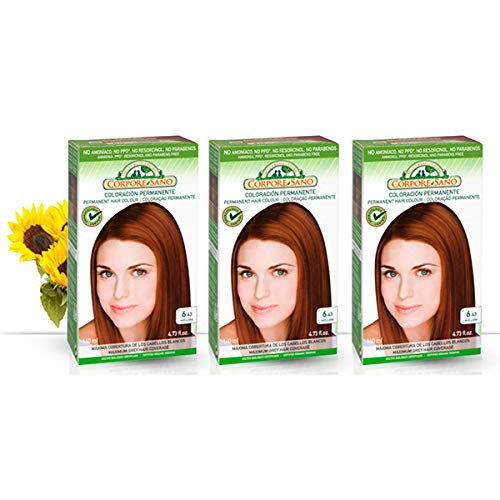 Corpore Sano Pack x3 Unidades Tinte Avellana 6.43 Permanente 140ml - Tinte de coloración sin amoníaco, resorcinol ni parabenos. Los champús naturales de Henna poténcia la durabilidad del color