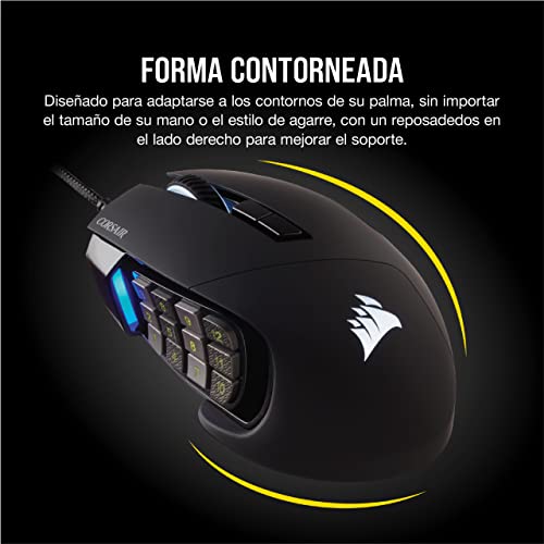 Corsair Scimitar Elite RGB Óptico MOBA/MMO Ratón para Juegos, 18.000 PPP Óptico Sensor, 17 Botones Programables, Retroiluminación RGB Dinámica en Cuatro Zonas, Forma Contorneada, Color Negro