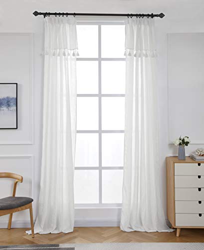 Cortinas de 100% lino puro – Cortina bohemia con borlas, cortinas con cinta fruncida, cortina opaca para salón moderna, cortina blanca bohemia, 135 x 250 cm, 1 unidad