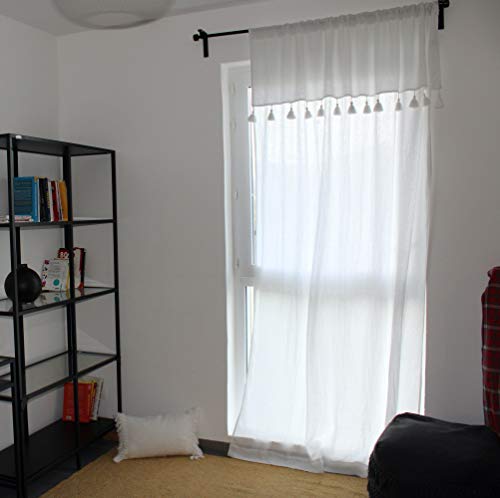 Cortinas de 100% lino puro – Cortina bohemia con borlas, cortinas con cinta fruncida, cortina opaca para salón moderna, cortina blanca bohemia, 135 x 250 cm, 1 unidad