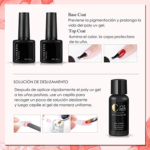 COSCELIA Kit Completo Gel Conjunto de Extensión de Uñas 15ml 4pcs Poly Building Gel Kit Gel Construcción con 36W Lámpara de Uñas Slip Solution Uña Base Coat Top Coat y Accesorio, Bricolaje Manicura