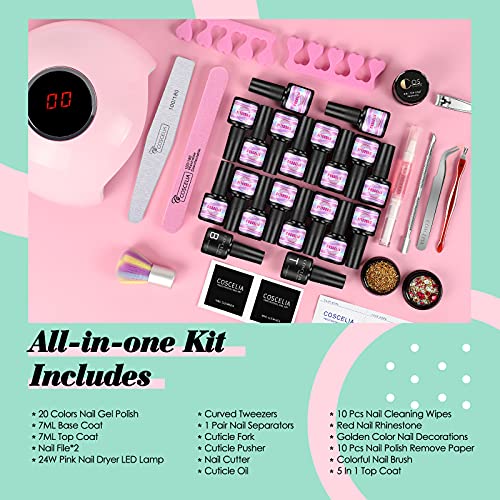 COSCELIA Kit Manicura Semipermanente Francesa 24 W U-V LED Lampara, Esmalte en Gel de 20 Colores Top Coat y Base Coat Pegatinas de Unas y Otras Herramientas para Manicura y Pedicura
