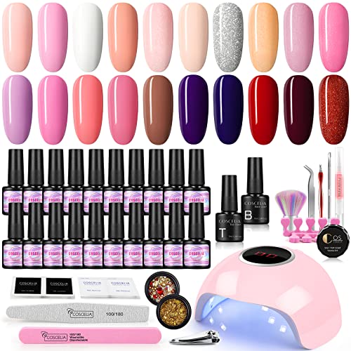 COSCELIA Kit Manicura Semipermanente Francesa 24 W U-V LED Lampara, Esmalte en Gel de 20 Colores Top Coat y Base Coat Pegatinas de Unas y Otras Herramientas para Manicura y Pedicura