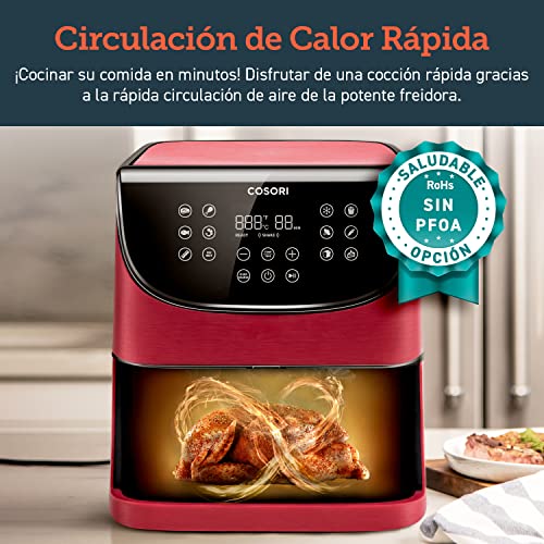 COSORI Freidora sin Aceite 5.5 L, freidora aire caliente con 11 programas, 100 recetas en español, con función Mantener Caliente, pantalla LED táctil, temporizador, 1700 W, roja