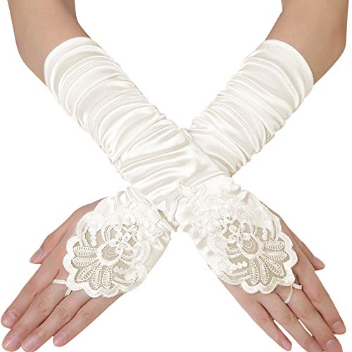 Coucoland Guantes cortos de satén de los años 20, decorados con puntas y brillantes, guantes góticos para fiestas, bodas, disfraces, accesorios, 38 cm / marfil., Talla única