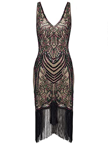 Coucoland Vestido de los años 20, cuello en V, sin mangas, con flecos, estilo charlestón, años 20, con lentejuelas Negro albaricoque. S