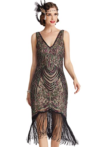 Coucoland Vestido de los años 20, cuello en V, sin mangas, con flecos, estilo charlestón, años 20, con lentejuelas Negro albaricoque. S