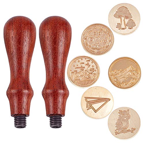 CRASPIRE Juego de Sellos de Cera para Sellar 6 Pieza Sellos de Cera para Sellar Cabezas de Latón 2 Piezas Mango de Madera Serie de Patrones Mixtos Juego de Sellos de Latón Retro de 25 mm Extraíble