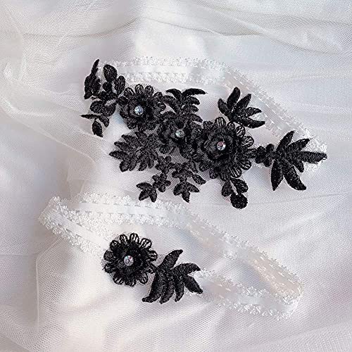 Crazy Bean 2pcs Liga para Novia Liga de Flores Cristal de Encaje Liga Elástica de Boda Liguero de Muslo Algo Azul y Elegante para la Boda, Negro
