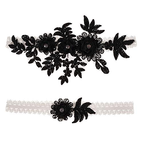 Crazy Bean 2pcs Liga para Novia Liga de Flores Cristal de Encaje Liga Elástica de Boda Liguero de Muslo Algo Azul y Elegante para la Boda, Negro