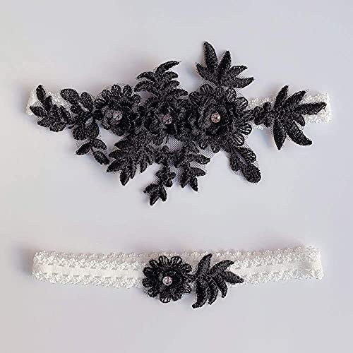 Crazy Bean 2pcs Liga para Novia Liga de Flores Cristal de Encaje Liga Elástica de Boda Liguero de Muslo Algo Azul y Elegante para la Boda, Negro