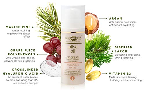 Crema CC de múltiples beneficios de APHRODITE. Crema con color con 25 SPF para protección e hidratación con aceite de argán y vitamina E (50 ml / 1.70 fl oz)