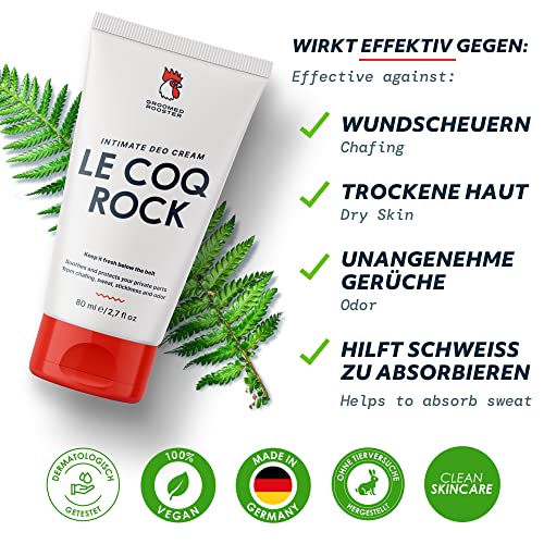 Crema deo intima masculina 'Le Coq Rock' Crema contra las rozaduras, el sudor y los malos olores en la zona íntima, 80ml, por Groomed Rooster - FABRICADO EN ALEMANIA