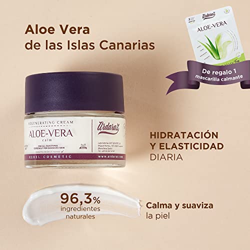 Crema Hidratante Facial mujer Regeneradora con Aloe Vera Canario. Crema Facial con 98.96% de ingredientes naturales que Hidratan, Refrescan y Reparan la piel dañada. Ardaraz