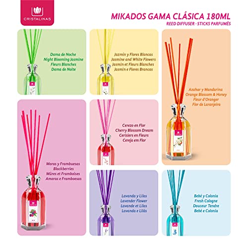 CRISTALINAS. Ambientador Mikado Clásico. Difusor con Varillas de ratán. Formula sin Alcohol. Máxima duración, más de 16 semanas. 180ml de Capacidad. Aroma Lavanda y Lilas. (2x180ml)
