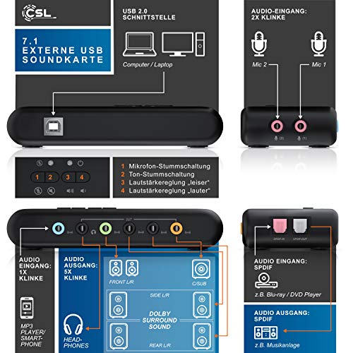 CSL - Tarjeta de Sonido USB 7.1 Externa 8 Canales - Canal 7.1 USB Soundbox - Dynamic 3D Surround Sound - para hasta 8 Altavoces - grabación reproducción simultánea - para Audio analógicos y Digitales