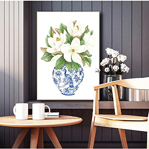 Cuadros Decoracion Gallery Wall Art Picture Poster Trendy Blue and White China Magnolia Hydrangea Prints Chinoiserie Wall Decor 42x60cm (17x24in) Sin marco