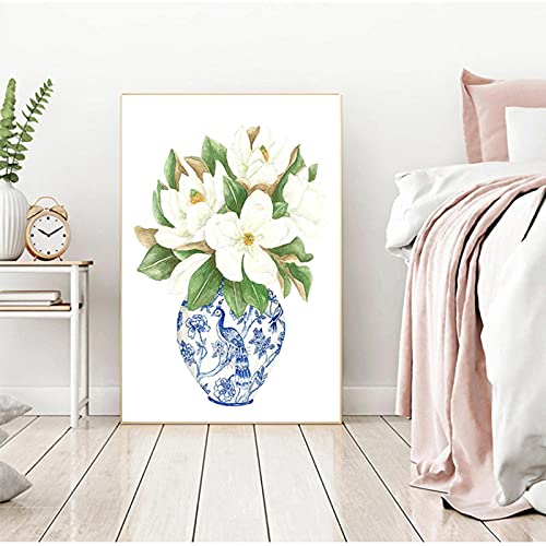 Cuadros Decoracion Gallery Wall Art Picture Poster Trendy Blue and White China Magnolia Hydrangea Prints Chinoiserie Wall Decor 42x60cm (17x24in) Sin marco