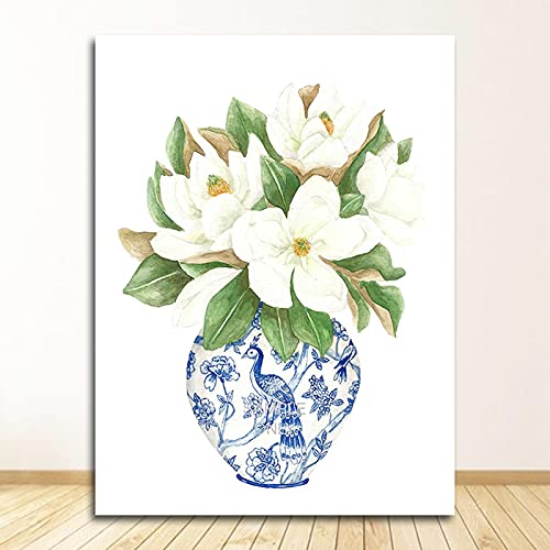 Cuadros Decoracion Gallery Wall Art Picture Poster Trendy Blue and White China Magnolia Hydrangea Prints Chinoiserie Wall Decor 42x60cm (17x24in) Sin marco