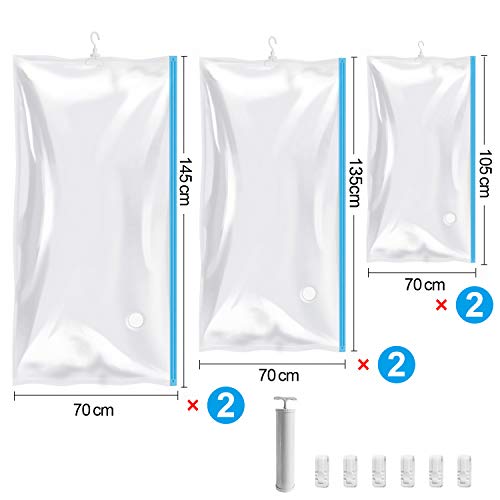 Cuelgan Bolsas de Almacenaje al Vacío 6 Unidades (2*Extra Largo + 2*Largo + 2*Pequeñas) para Guardar Ropa, Ropa de Cama, Edredones, Almohadas, Mantas, Cortinas