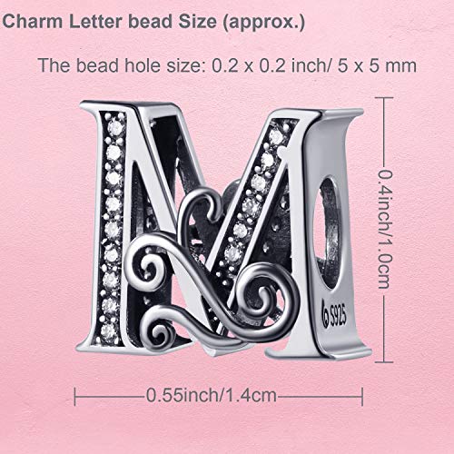 Cuentas de Alfabeto de Anti-sensible de Plata Charms de letras de Iniciales deste A hasta Z para Collar de Pulsera de Cadena de Serpiente, Regalo Especial para Niñas Mujeres Hijas Hombres (Letra M)