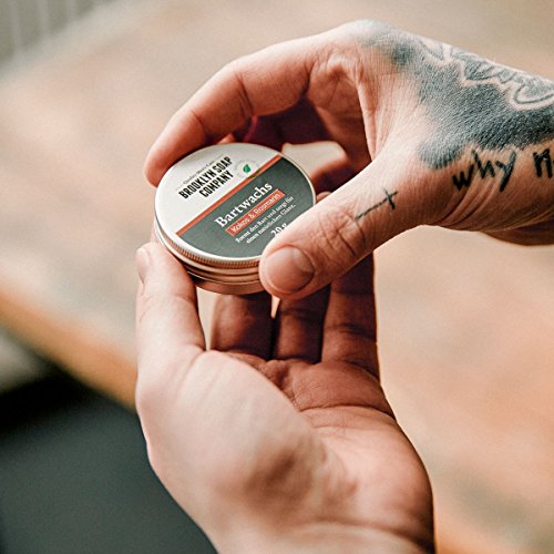 cuidado natural de barba: Beard Wax bálsamo para la barba(20 g)✔cosméticos naturales de la BROOKLYN SOAP COMPANY para un styling de la barba de tres días, barba cerrada - fijación fuerte, tenue brillo
