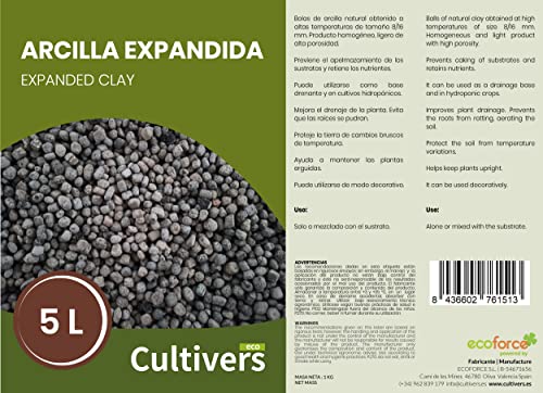 CULTIVERS Arcilla Expandida Arlita 5L. Sustrato Bolas para Drenaje de Macetas, Jardines y Cultivos hidropónicos. Evita el encharcamiento, la putrefacción de Las raíces.